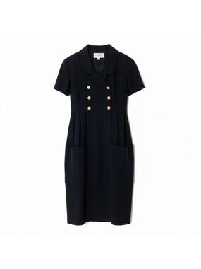 Chanel C Vintage Short Sleeve Dress Gold Button CC Logo 42 Black